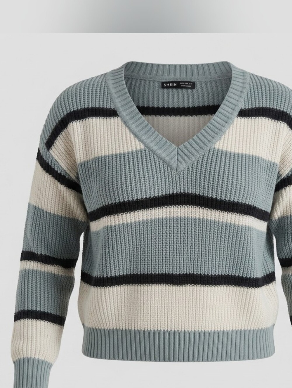 SHEIN Blue Striped V-Neck Ribbed Sweater